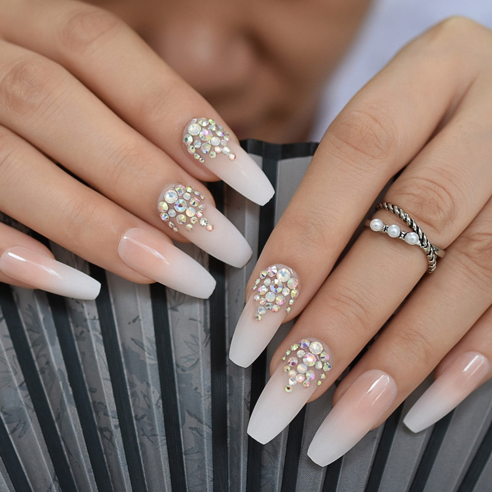 24Pcs Press on Nails Long - French Coffin Nails - Ballerina False Nails  Glossy and White Butterfly Rhinestone Press on Nails with Designs Acrylic  Nails Tips Glue on for Women Girls - Walmart.com