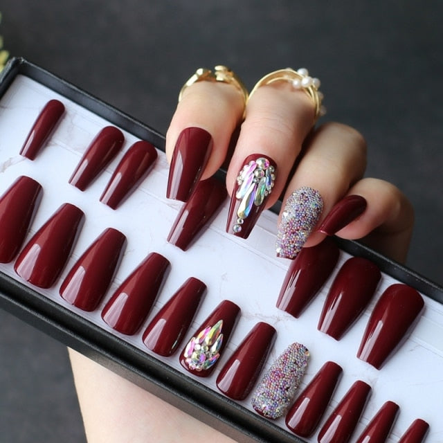 Cream Glossy Bling Coffin Nails