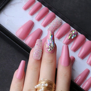 Cream Glossy Bling Coffin Nails