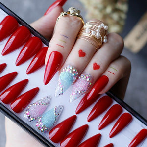 Red  Hand Made Stiletto Gel Nails