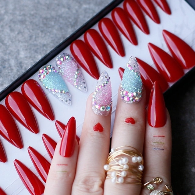 Red  Hand Made Stiletto Gel Nails